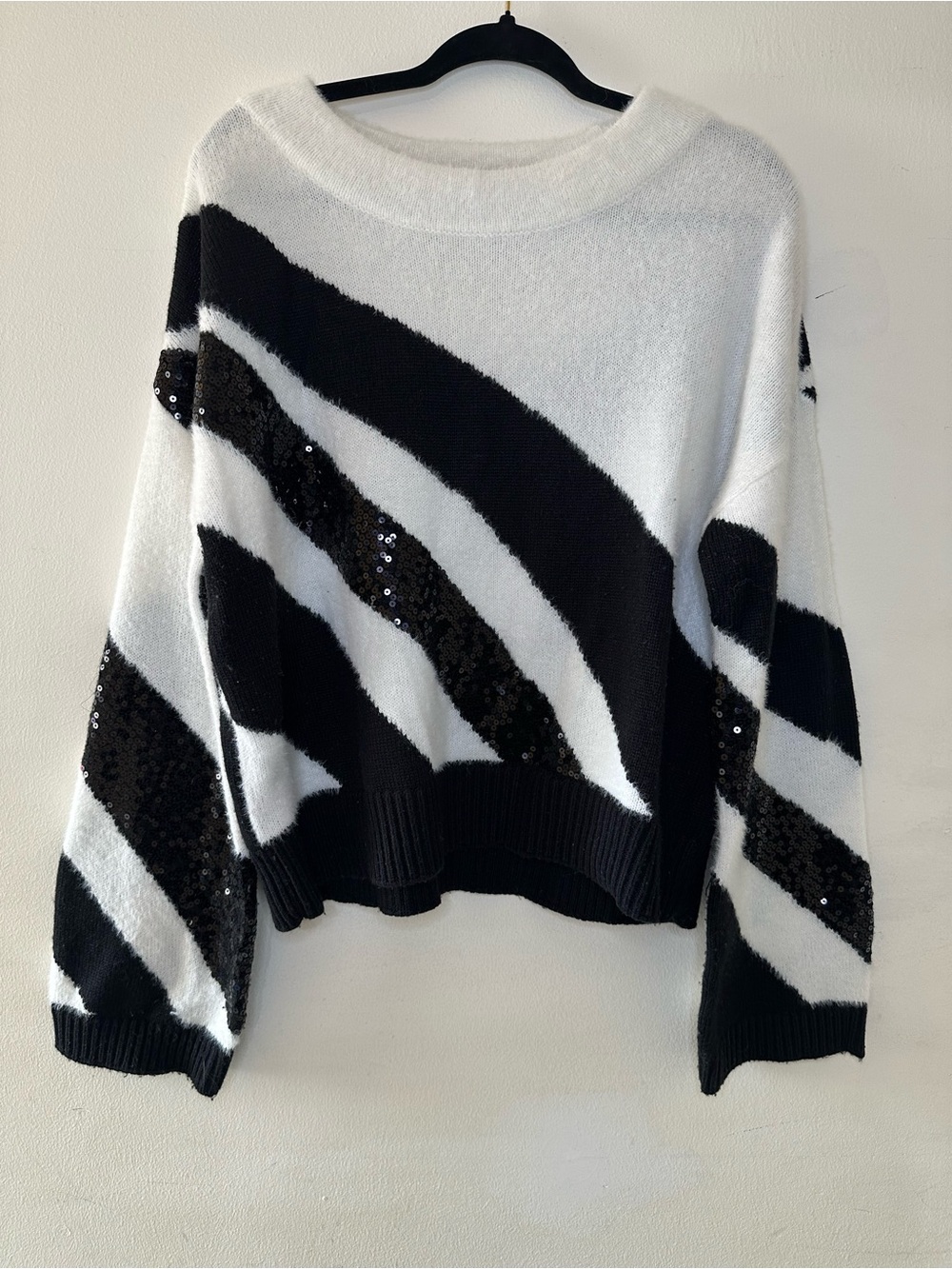 DKNY Black and White Sequin Stripe Crewneck Sweater
